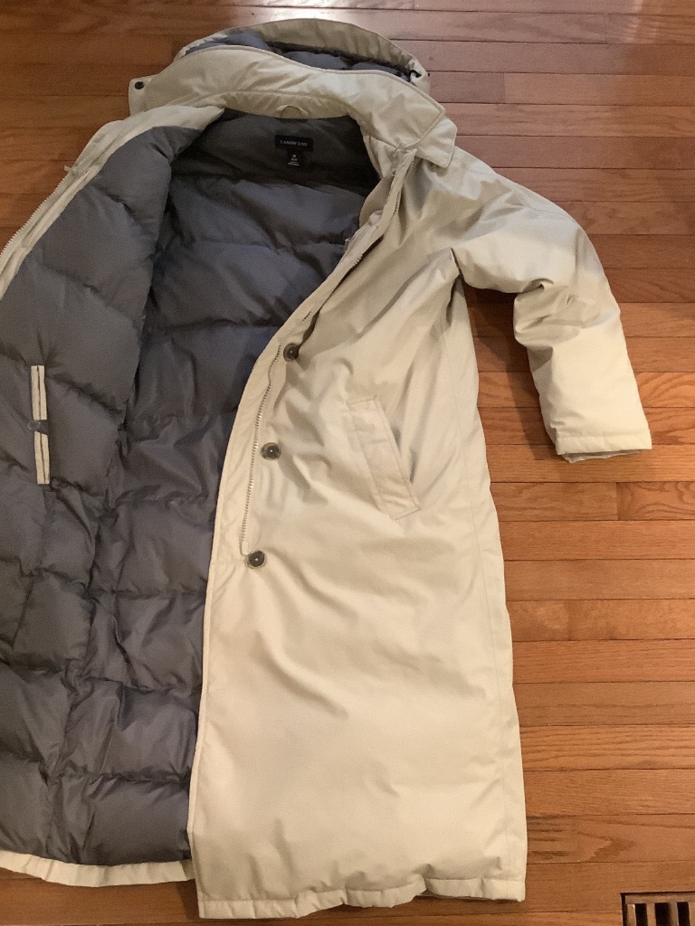 Land’s End Beige Long Goose Down Winter Womens M10-12, Removable Hood